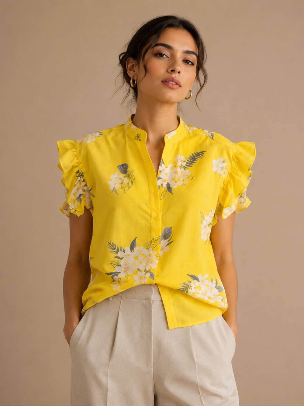 A New Day Yellow Floral Ruffle-Sleeve Button Front Blouse - Picture 1 of 7